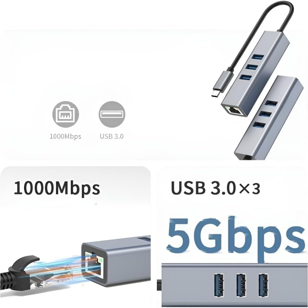 USB C to Ethernet Adapter with 1000Mbps Gigabit RJ45 and 3xUSB 3.0 Ports - Image 4