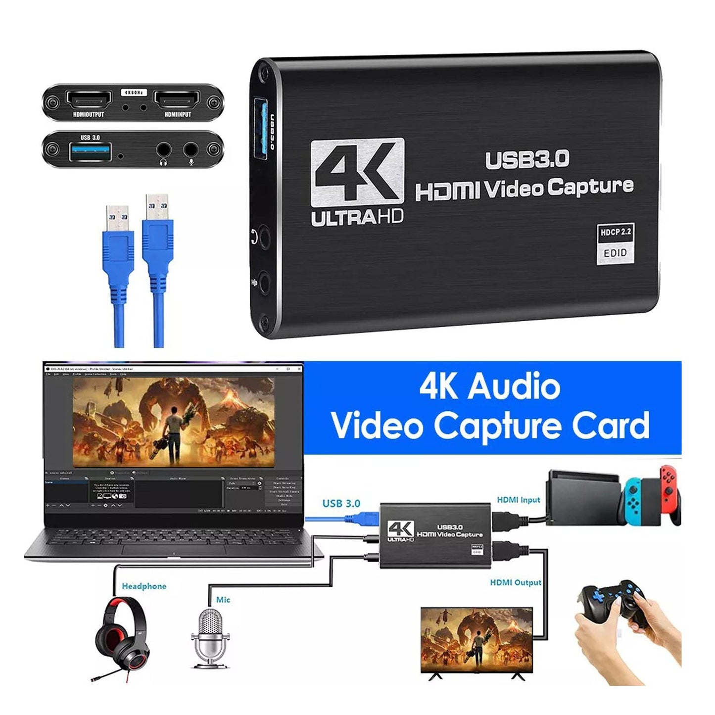 4K 1080P 60FPS HDMI to USB 3.0 Video Capture Card For PS4/PC/OBS Nintendo Switch - Image 2