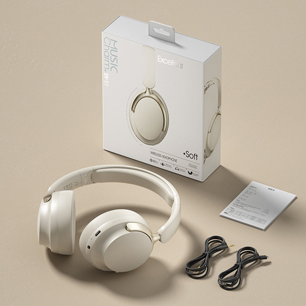 JR SY-T7 Bluetooth 5.4 Over-Ear Headset Wireless Headphones with Noise Cancelling Mic (Beige) - Image 9