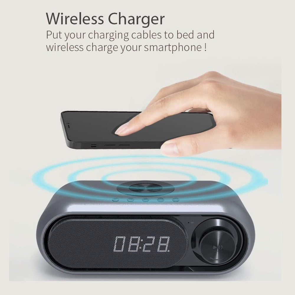 Bluetooth Speaker with 15W Wireless Charger Digital Alarm Clocks FM Radio Music Player (Grey) - Image 2