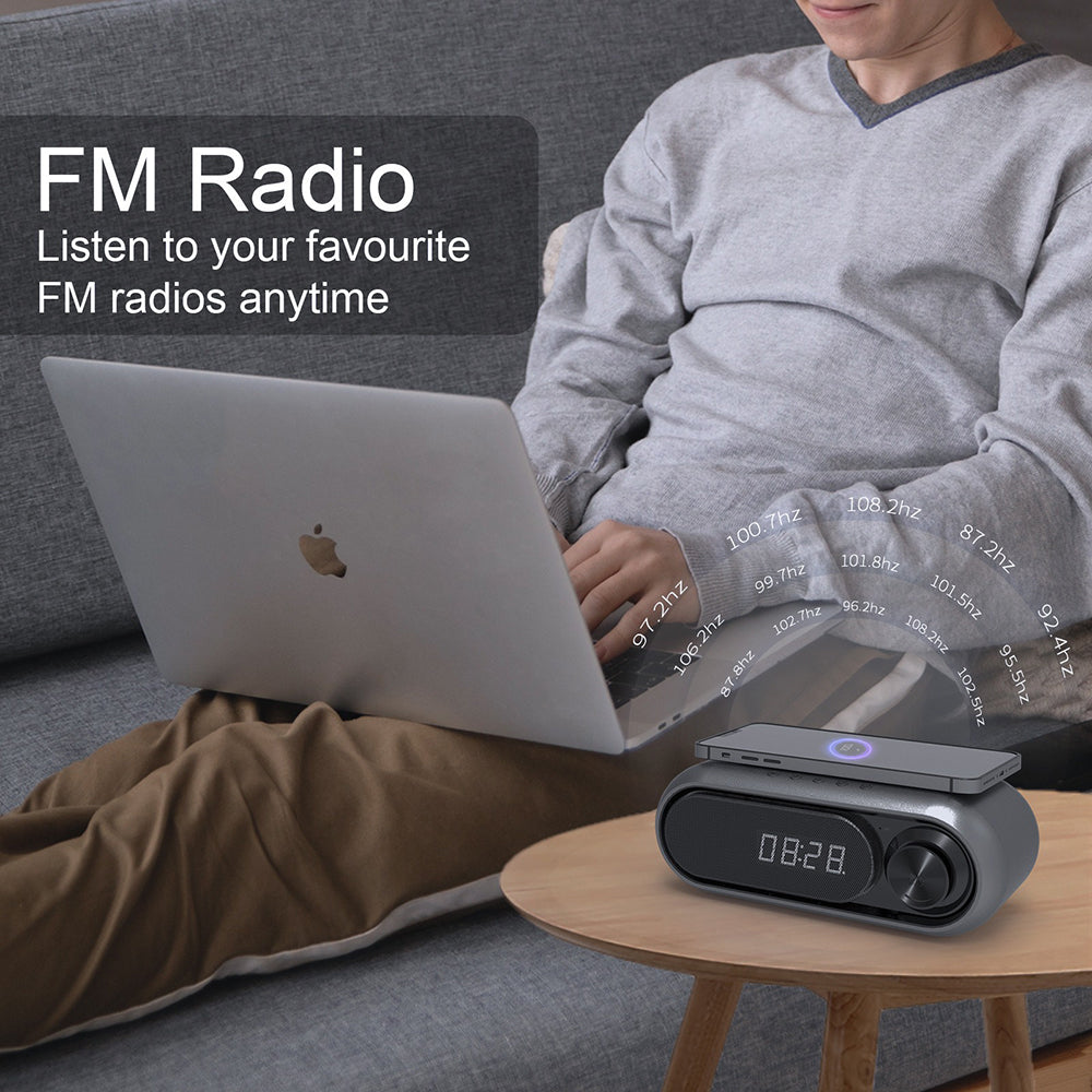Bluetooth Speaker with 15W Wireless Charger Digital Alarm Clocks FM Radio Music Player (Grey) - Image 3