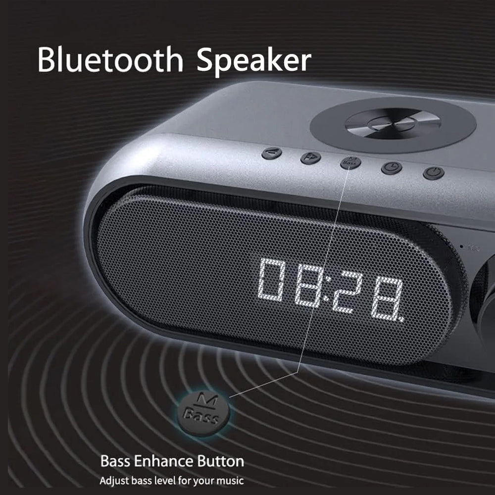 Bluetooth Speaker with 15W Wireless Charger Digital Alarm Clocks FM Radio Music Player (White) - Image 5