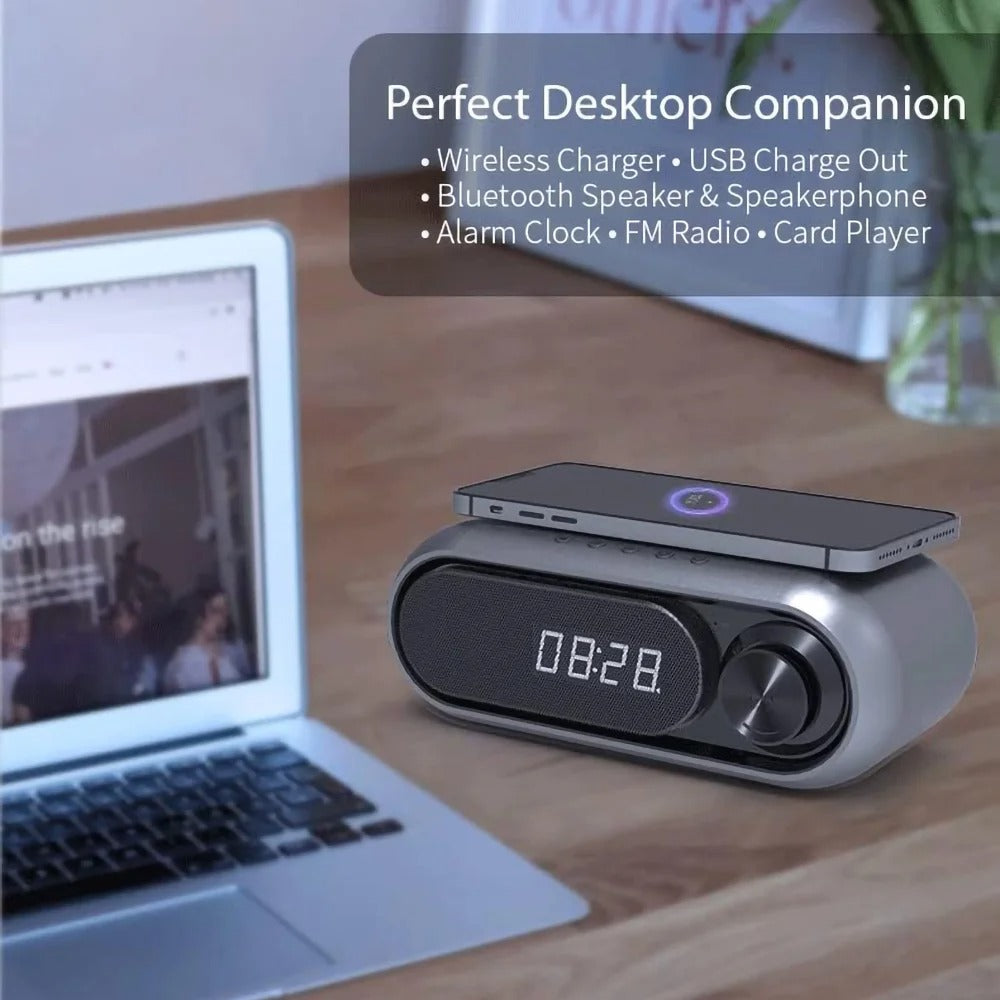 Bluetooth Speaker with 15W Wireless Charger Digital Alarm Clocks FM Radio Music Player (White) - Image 6