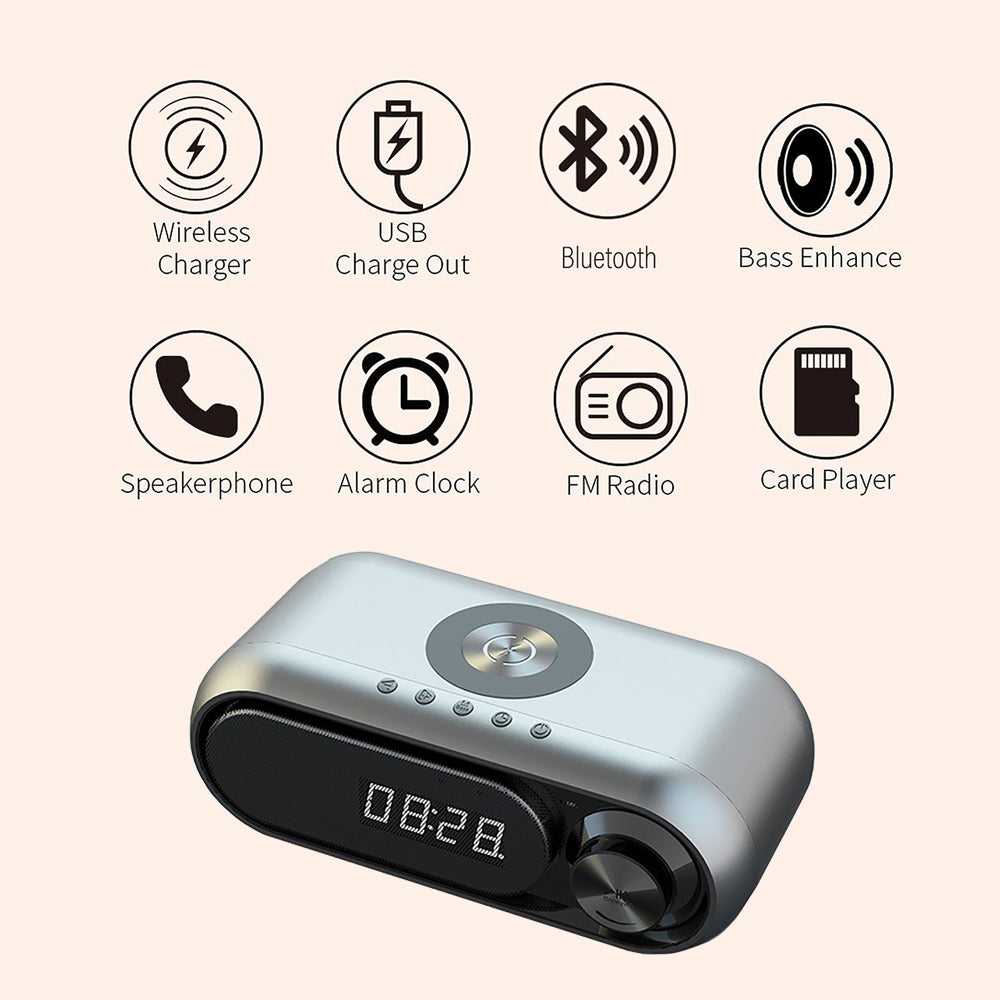 Bluetooth Speaker with 15W Wireless Charger Digital Alarm Clocks FM Radio Music Player (White) - Image 8