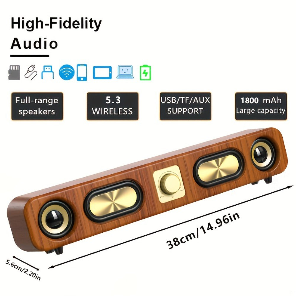 Retro Wood Grain Wireless Bluetooth Speaker Soundbar Deep Bass USB/TF/AUX Inputs - Image 2