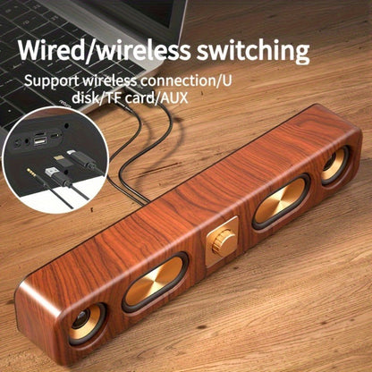 Retro Wood Grain Wireless Bluetooth Speaker Soundbar Deep Bass USB/TF/AUX Inputs - Image 3
