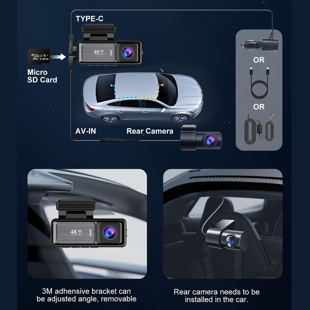4K Wifi Dash Cam Front, 1080P In-Car Rear Dual Recording with GPS 64GB Card - Image 6