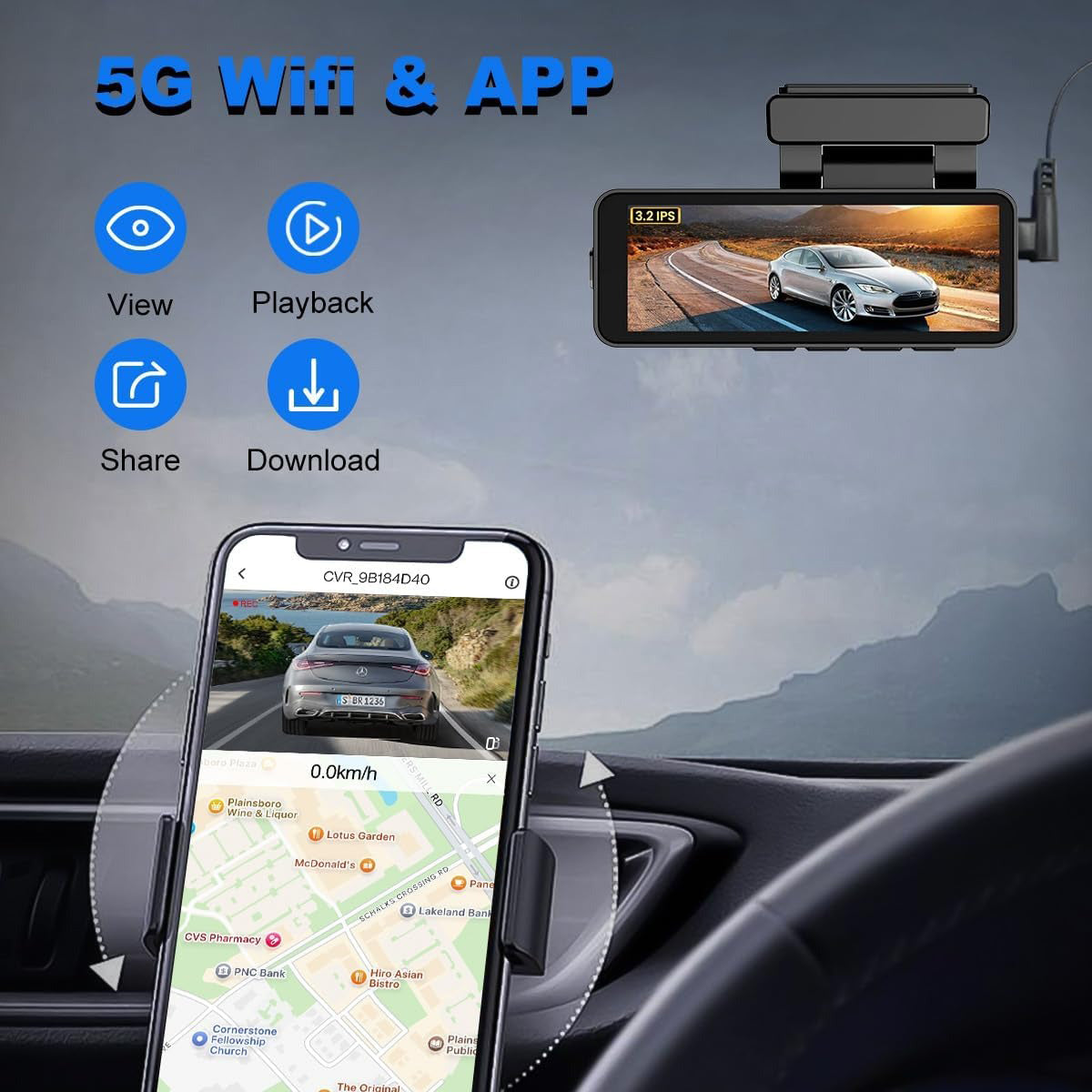 4K Wifi Dash Cam Front, 1080P In-Car Rear Dual Recording with GPS 64GB Card - Image 7