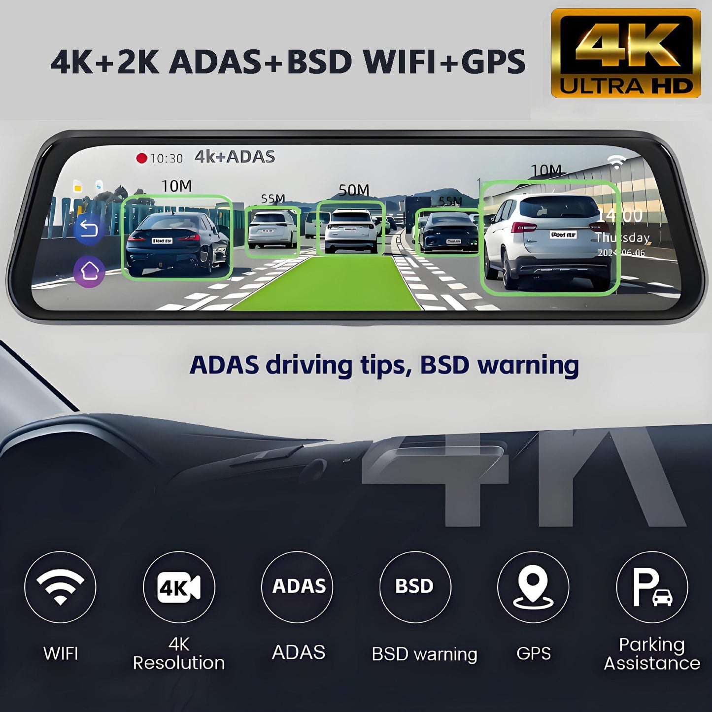 10” 4K Mirror Dash Cam, 2K Rear Camera, WiFi GPS ADAS BSD, Stream Media, 64GB Included - Image 2