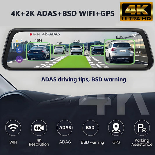 10” 4K Mirror Dash Cam, 2K Rear Camera, WiFi GPS ADAS BSD, Stream Media, 64GB Included - Image 2