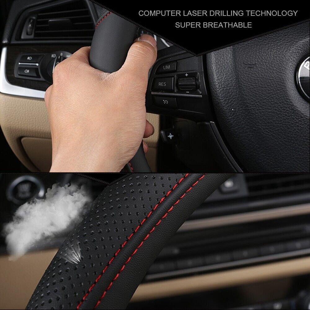 Universal Luxury Car 37-38cm Steering Wheel Cover PU Leather Non-slip Breathable (Black-blue) - Image 4