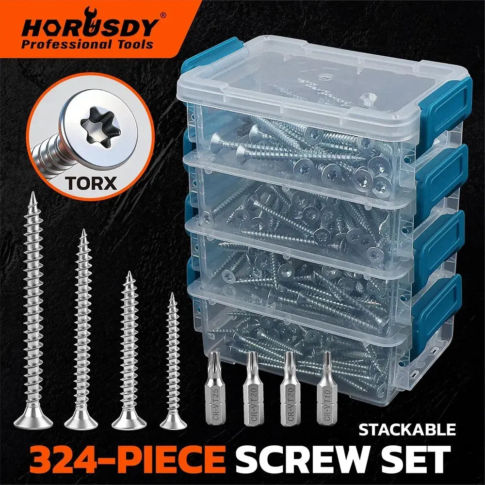 HORUSDY 324PCS Torx Wood Screws Assortment Kit Self Tapping with Storage Box