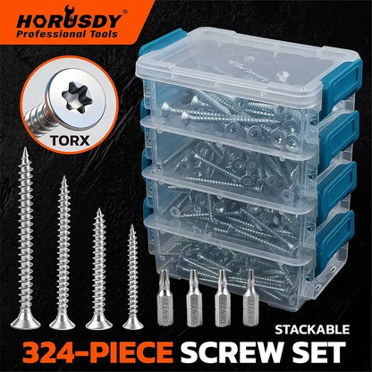 HORUSDY 324PCS Torx Wood Screws Assortment Kit Self Tapping with Storage Box