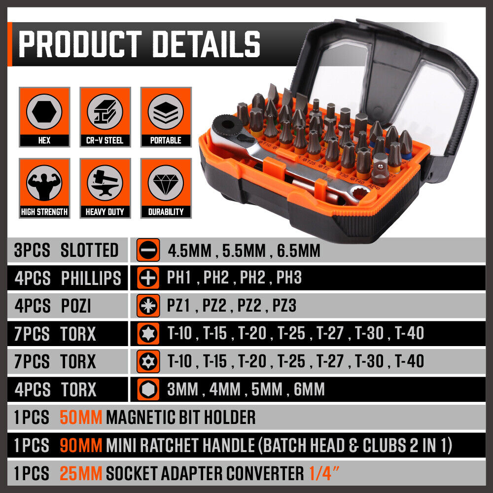 32Piece 1/4" Mini Double Head Screwdriver Bit and Ratchet Set CRV Steel Durable - Image 3