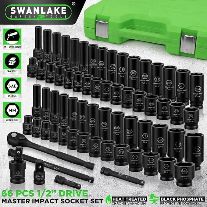 SWANLAKE 1/2" Drive Impact Socket Set, 66-Piece Standard SAE (3/8"-1-1/4") and Metric (8-24mm) Size, 6 Point, Cr-V, 1/2-Inch Drive Ratchet Handle, Drive Extension Bar, Impact Universal Joint - Image 2
