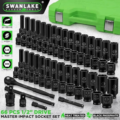 SWANLAKE 1/2" Drive Impact Socket Set, 66-Piece Standard SAE (3/8"-1-1/4") and Metric (8-24mm) Size, 6 Point, Cr-V, 1/2-Inch Drive Ratchet Handle, Drive Extension Bar, Impact Universal Joint - Image 2