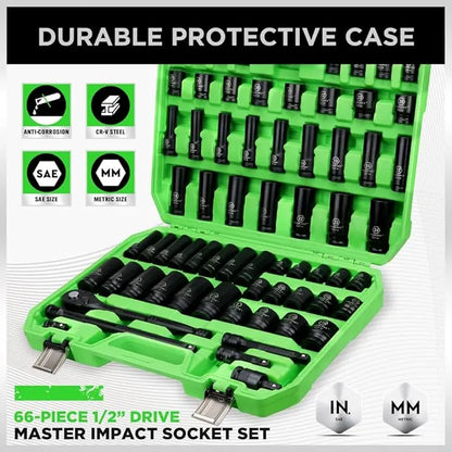 SWANLAKE 1/2" Drive Impact Socket Set, 66-Piece Standard SAE (3/8"-1-1/4") and Metric (8-24mm) Size, 6 Point, Cr-V, 1/2-Inch Drive Ratchet Handle, Drive Extension Bar, Impact Universal Joint - Image 3