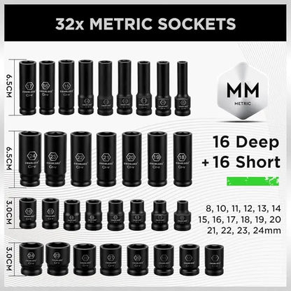 SWANLAKE 1/2" Drive Impact Socket Set, 66-Piece Standard SAE (3/8"-1-1/4") and Metric (8-24mm) Size, 6 Point, Cr-V, 1/2-Inch Drive Ratchet Handle, Drive Extension Bar, Impact Universal Joint - Image 4