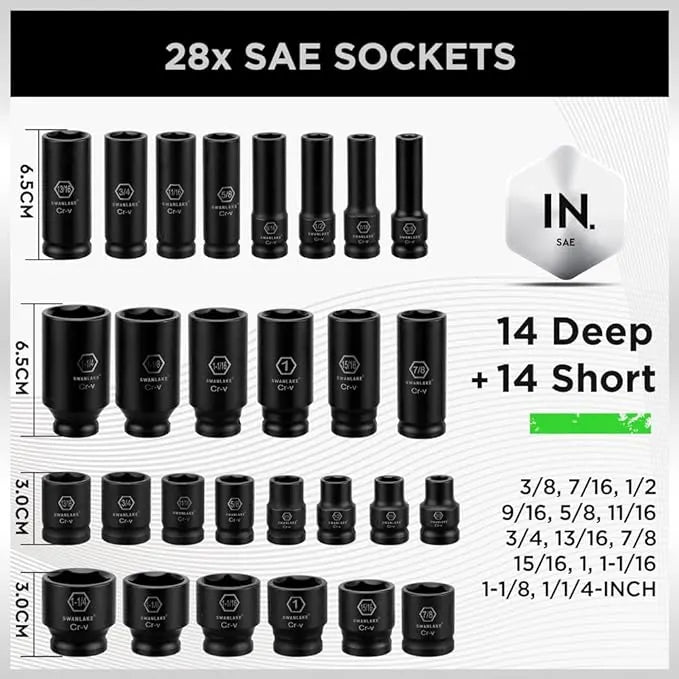 SWANLAKE 1/2" Drive Impact Socket Set, 66-Piece Standard SAE (3/8"-1-1/4") and Metric (8-24mm) Size, 6 Point, Cr-V, 1/2-Inch Drive Ratchet Handle, Drive Extension Bar, Impact Universal Joint - Image 5