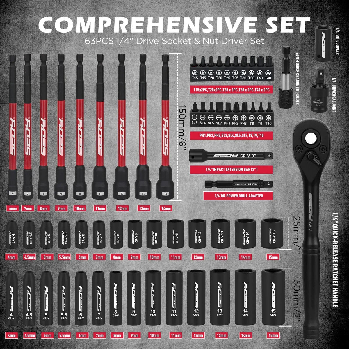 SWANLAKE 74Pcs Magnetic Nut Driver Set Impact Drill Socket Adapter Power Bit - Image 2