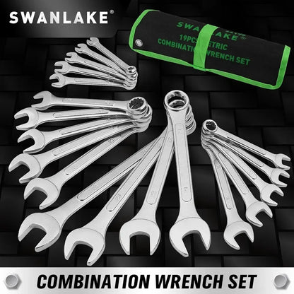 Swanlake 19Pc Stubby Spanner Set Metric 6-24mm Crv 12 Point Open End with Pouch