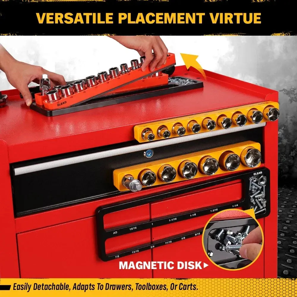 ELEAD 2Pc Magnetic Socket Organizer Set 1/2" SAE & Metric Holder Storage Tray - Image 3