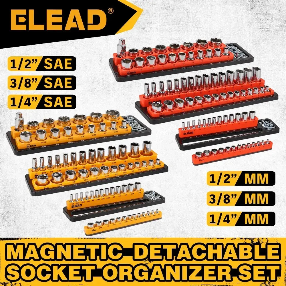 ELEAD 6PC Magnetic Socket Organizer Set 1/4 3/8 1/2 Metric SAE Holder Tray