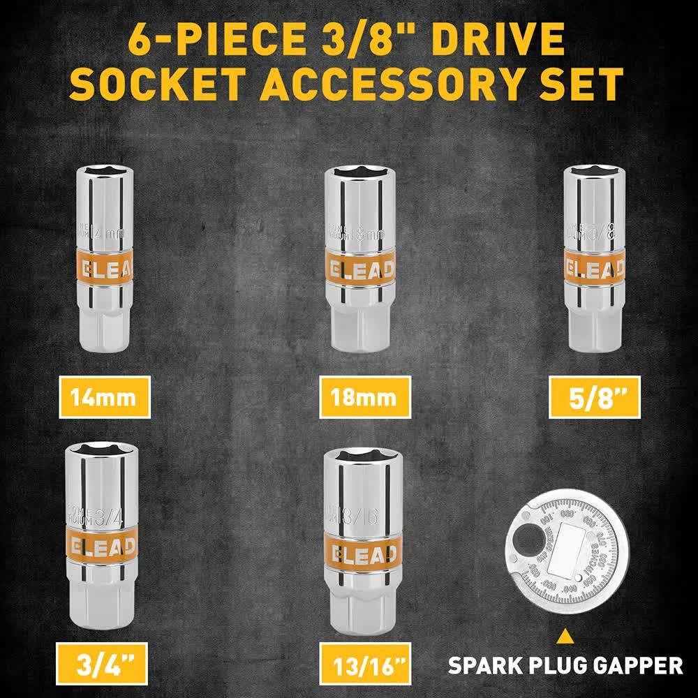 6Pcs 3/8" Drive Spark Plug Socket Set Spark Plug Gapper SAE & Metric CR-V Socket - Image 3