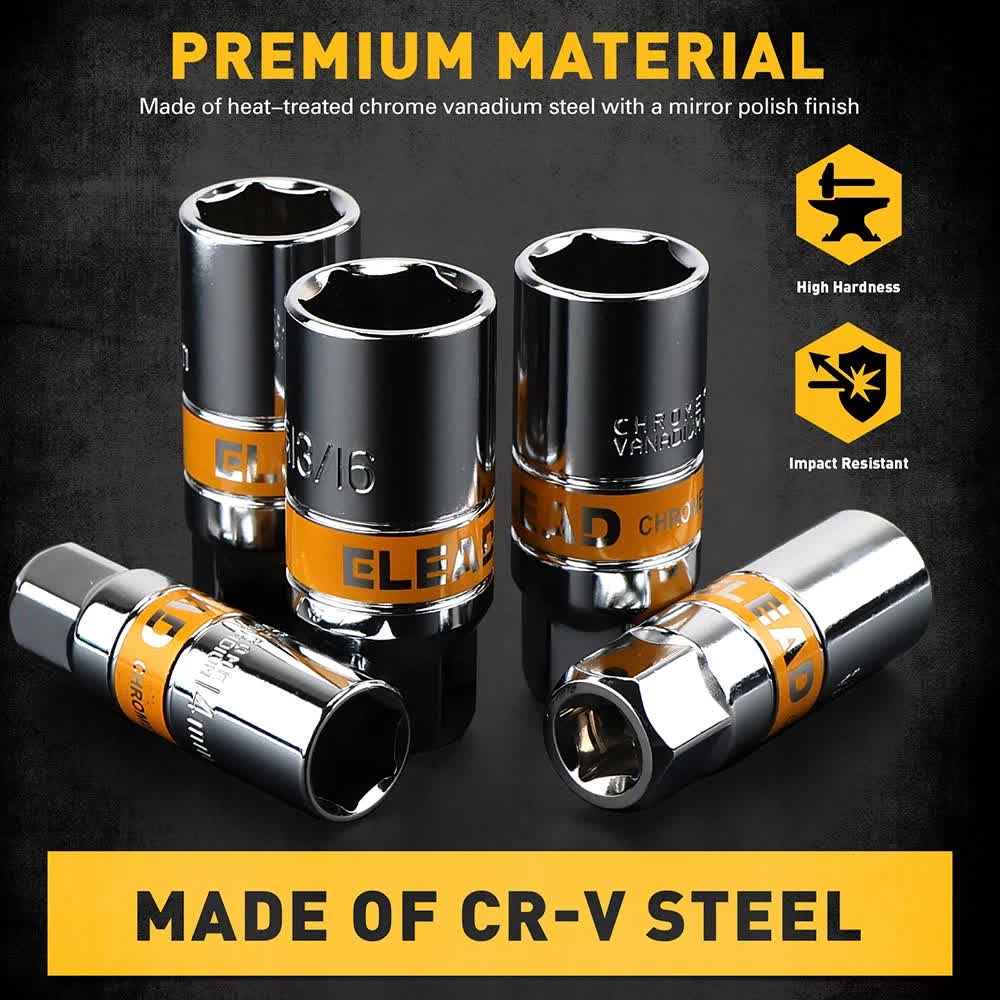 6Pcs 3/8" Drive Spark Plug Socket Set Spark Plug Gapper SAE & Metric CR-V Socket - Image 4