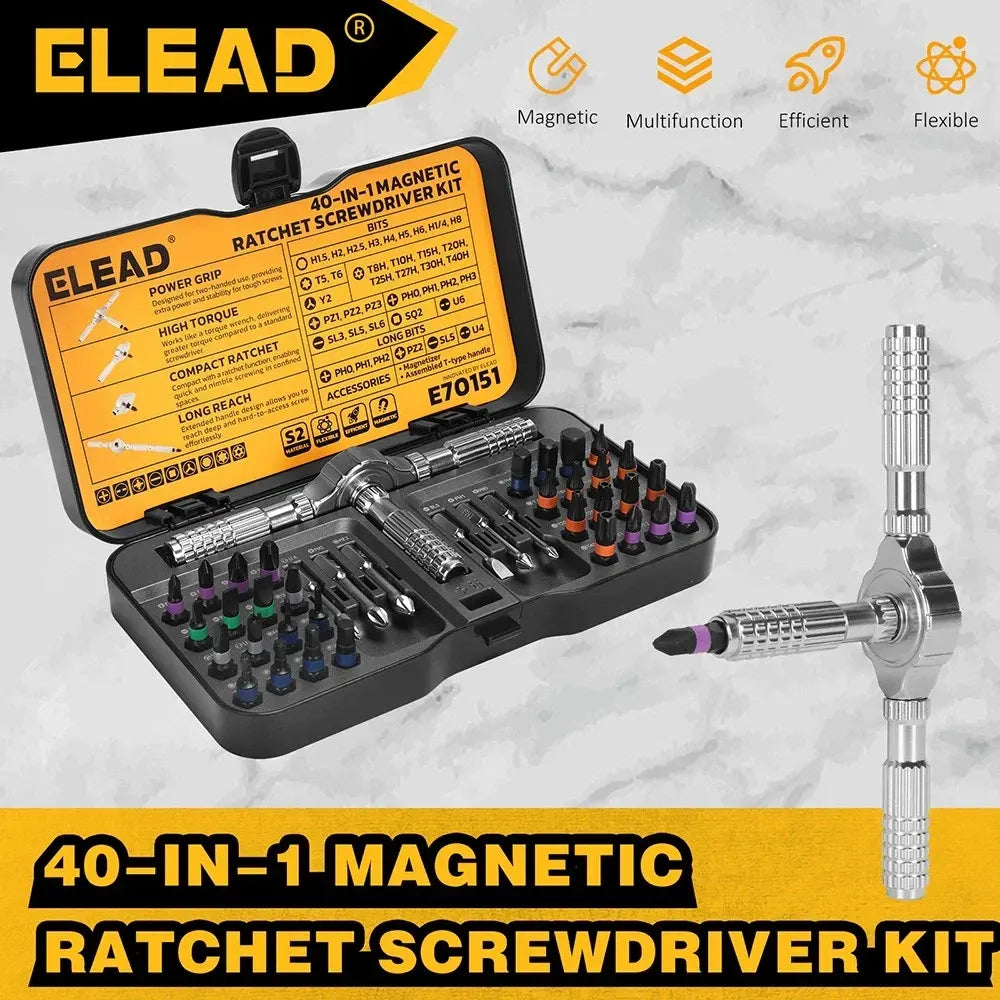 ELEAD 40in1 Ratchet Screwdriver Set Magnetic Precision Bits Adjustable T Handle