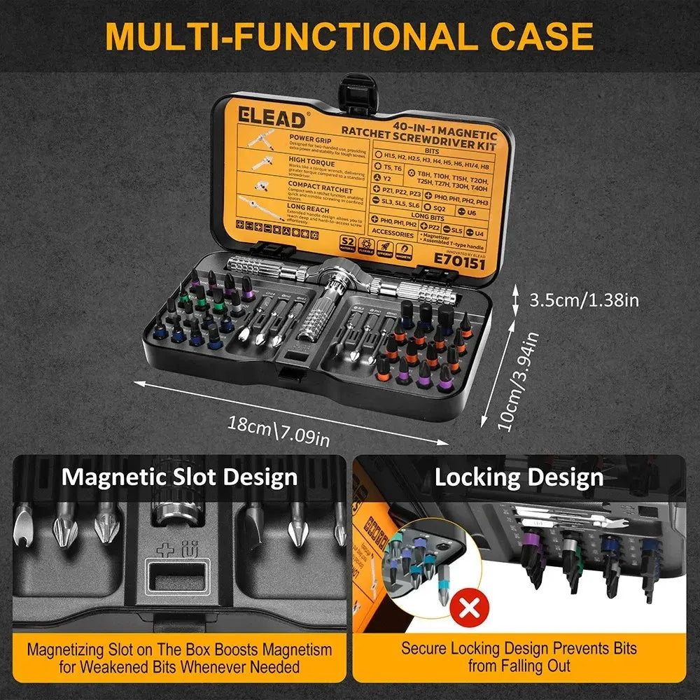 ELEAD 40in1 Ratchet Screwdriver Set Magnetic Precision Bits Adjustable T Handle - Image 6