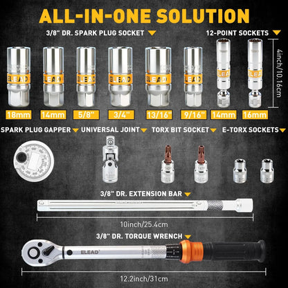 ELEAD 16Pc Spark Plug Socket Set 3/8" Drive Torque Wrench Kit CR-V Removal Tool - Image 2