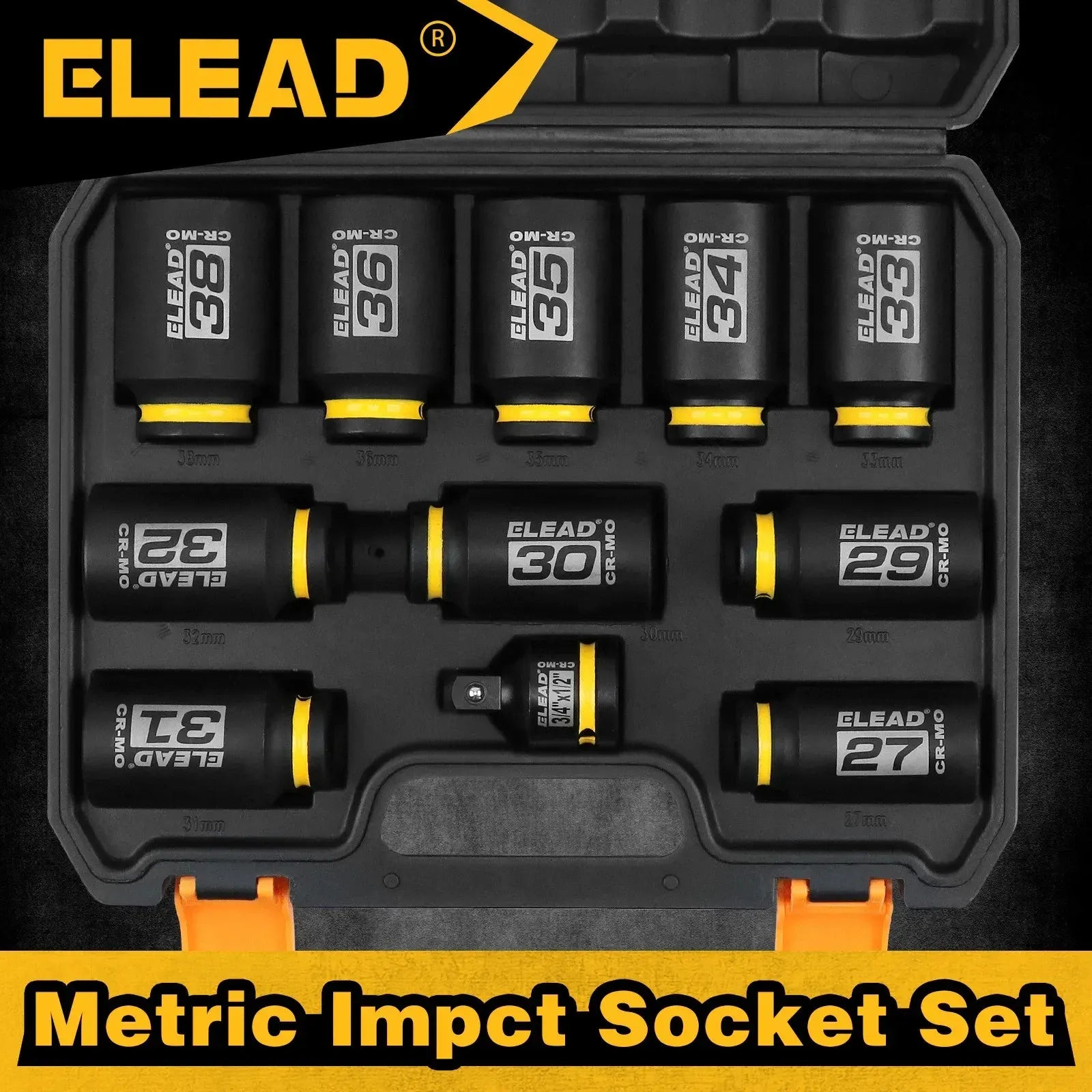 ELEAD 11Pcs 1/2" Drive Deep Impact Socket Set 27-38mm Metric Cr-Mo Wheel Nut Kit