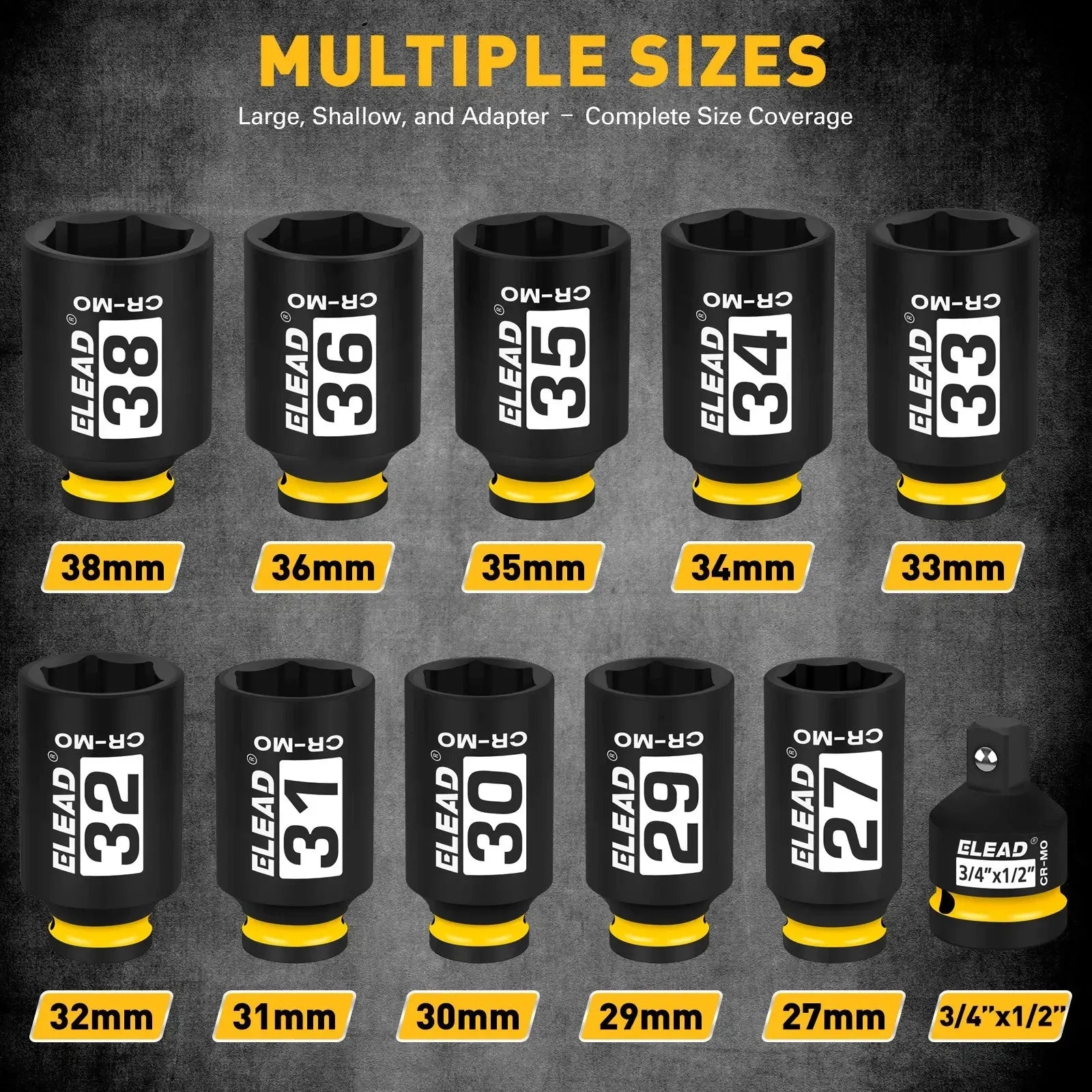 ELEAD 11Pcs 1/2" Drive Deep Impact Socket Set 27-38mm Metric Cr-Mo Wheel Nut Kit - Image 2