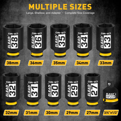 ELEAD 11Pcs 1/2" Drive Deep Impact Socket Set 27-38mm Metric Cr-Mo Wheel Nut Kit - Image 2