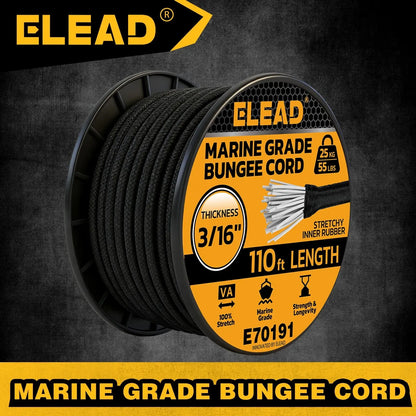 ELEAD 3/16" x 110FT Heavy Duty Bungee Cord Roll 5mm Marine Grade Shock Cord