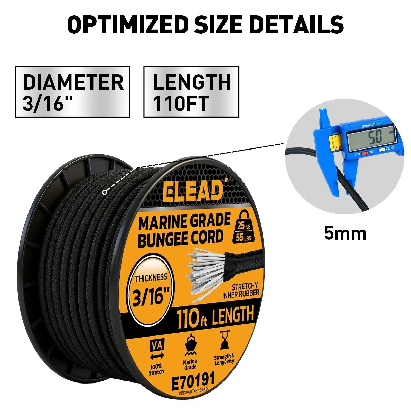 ELEAD 3/16" x 110FT Heavy Duty Bungee Cord Roll 5mm Marine Grade Shock Cord - Image 2