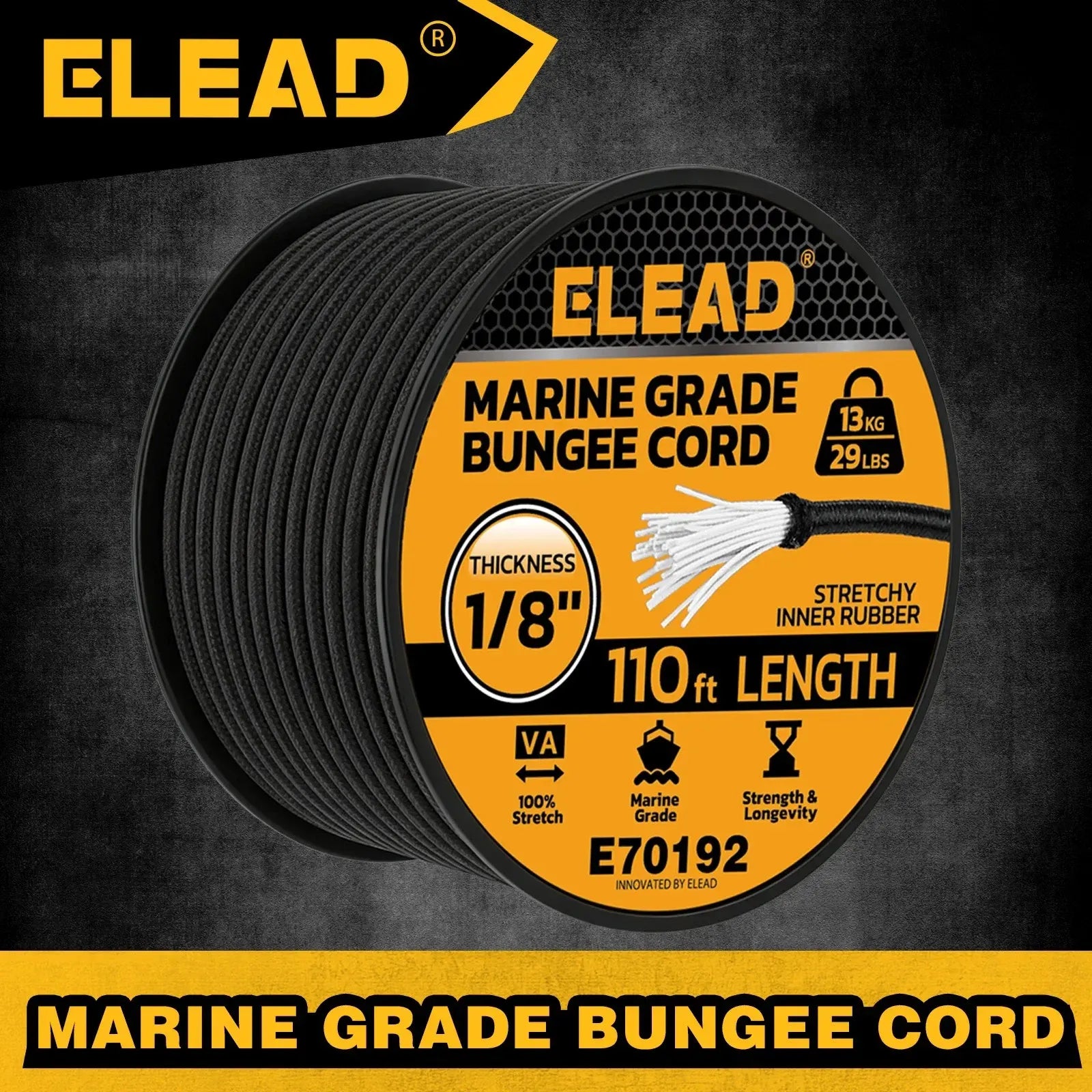 ELEAD 1/8" x 110FT Elastic Bungee Cord Roll 3mm Marine Grade Shock Cord 29lbs
