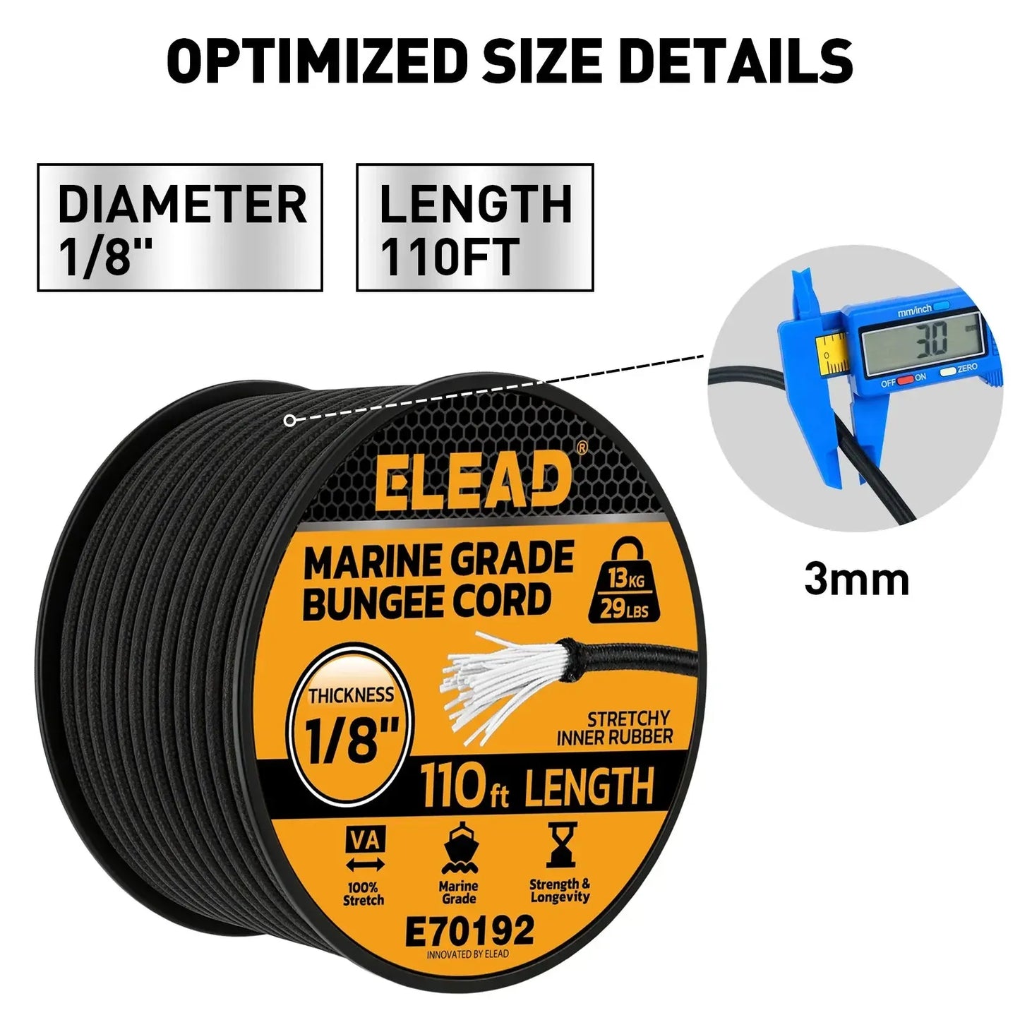 ELEAD 1/8" x 110FT Elastic Bungee Cord Roll 3mm Marine Grade Shock Cord 29lbs - Image 2