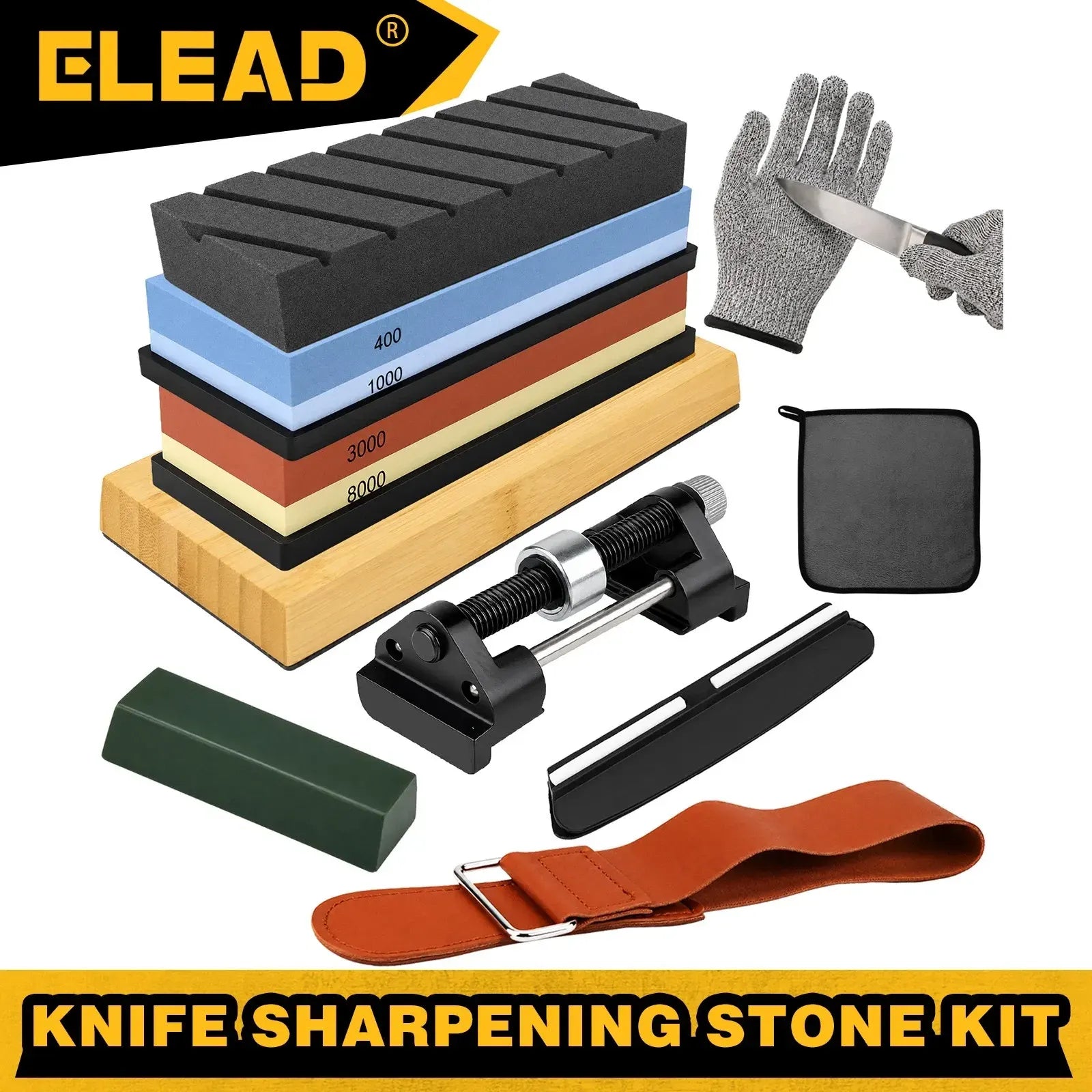 Elead 10pcs Knife Sharpening Stone Kit 400/1000 3000/8000 Grit Whetstone Set