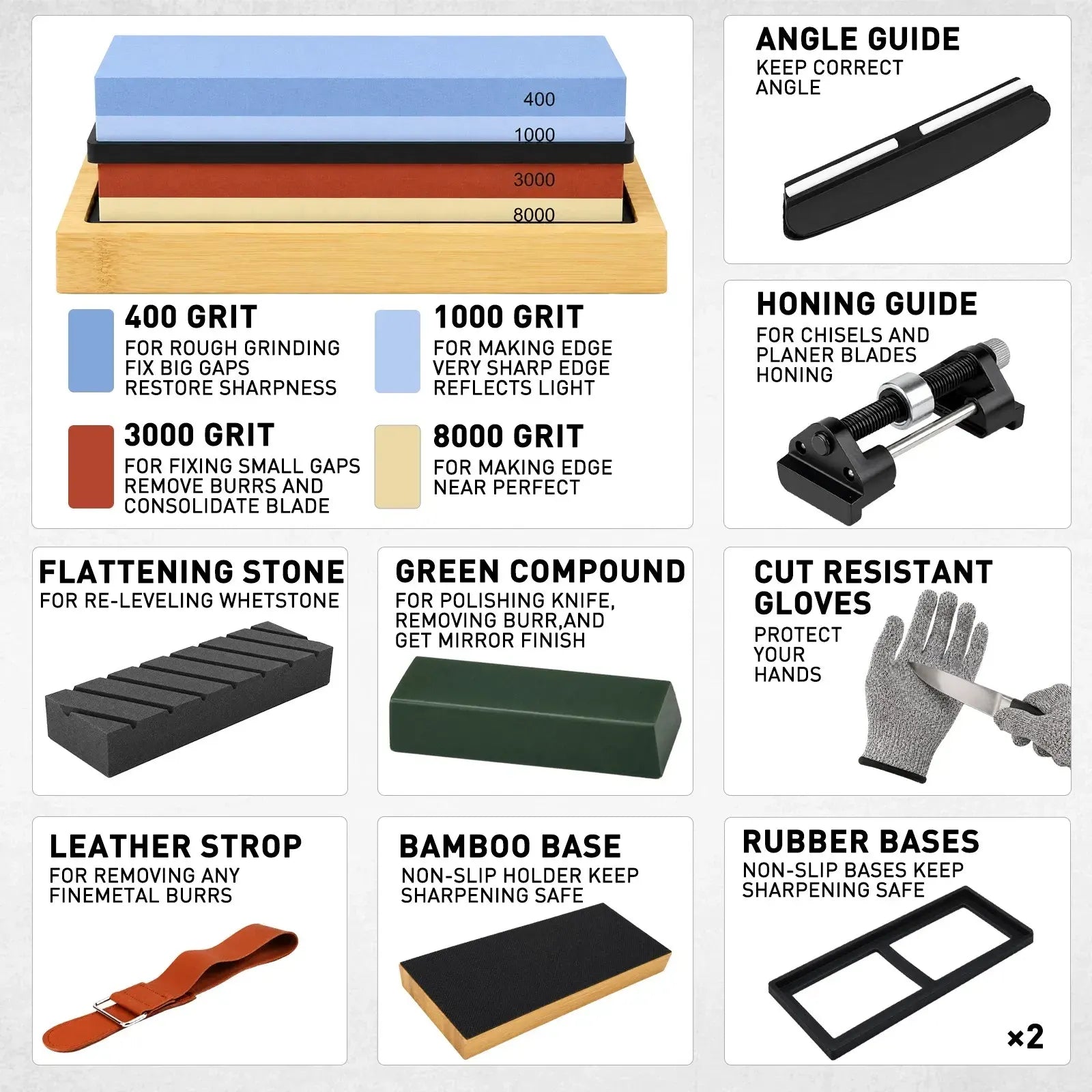 Elead 10pcs Knife Sharpening Stone Kit 400/1000 3000/8000 Grit Whetstone Set - Image 2