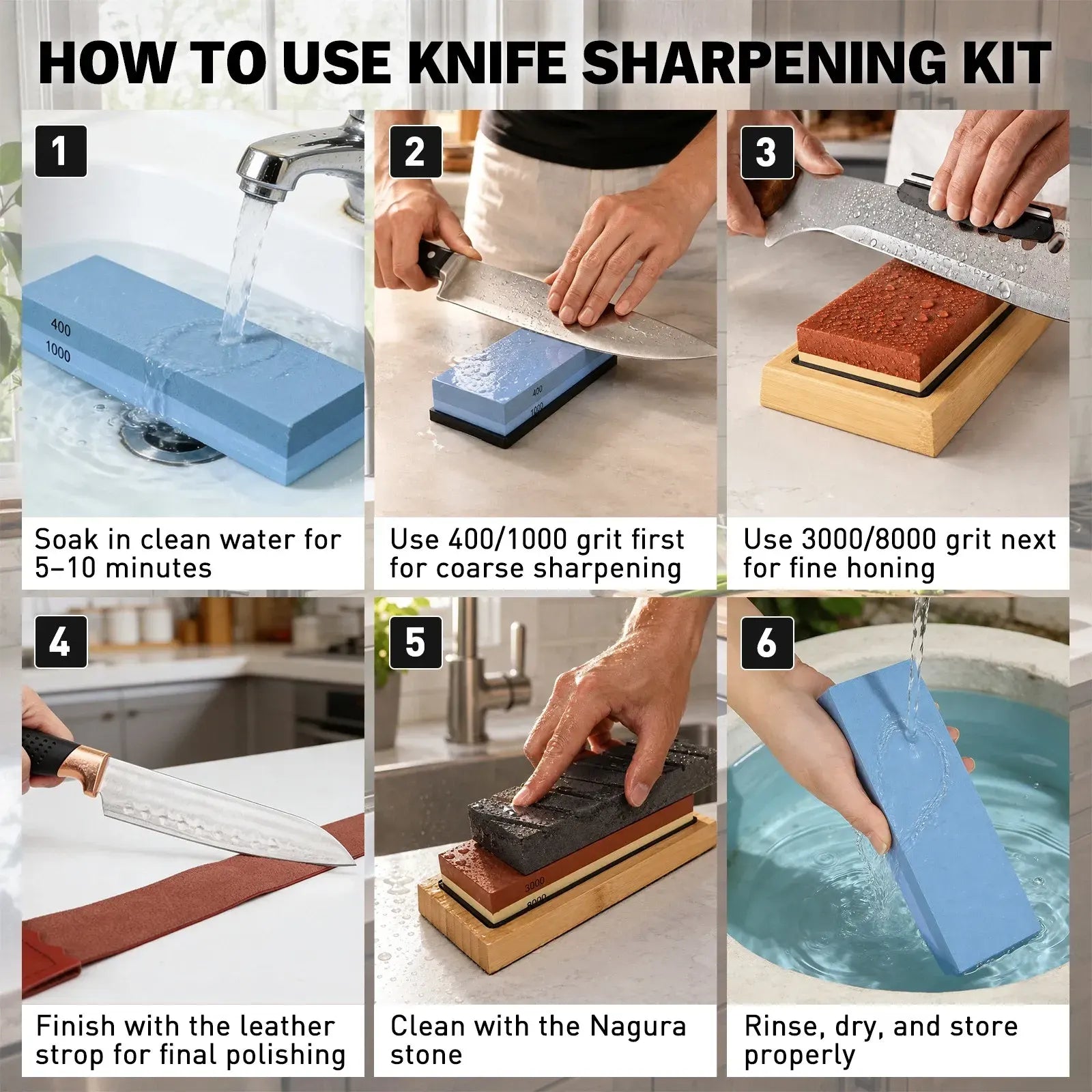 Elead 10pcs Knife Sharpening Stone Kit 400/1000 3000/8000 Grit Whetstone Set - Image 4