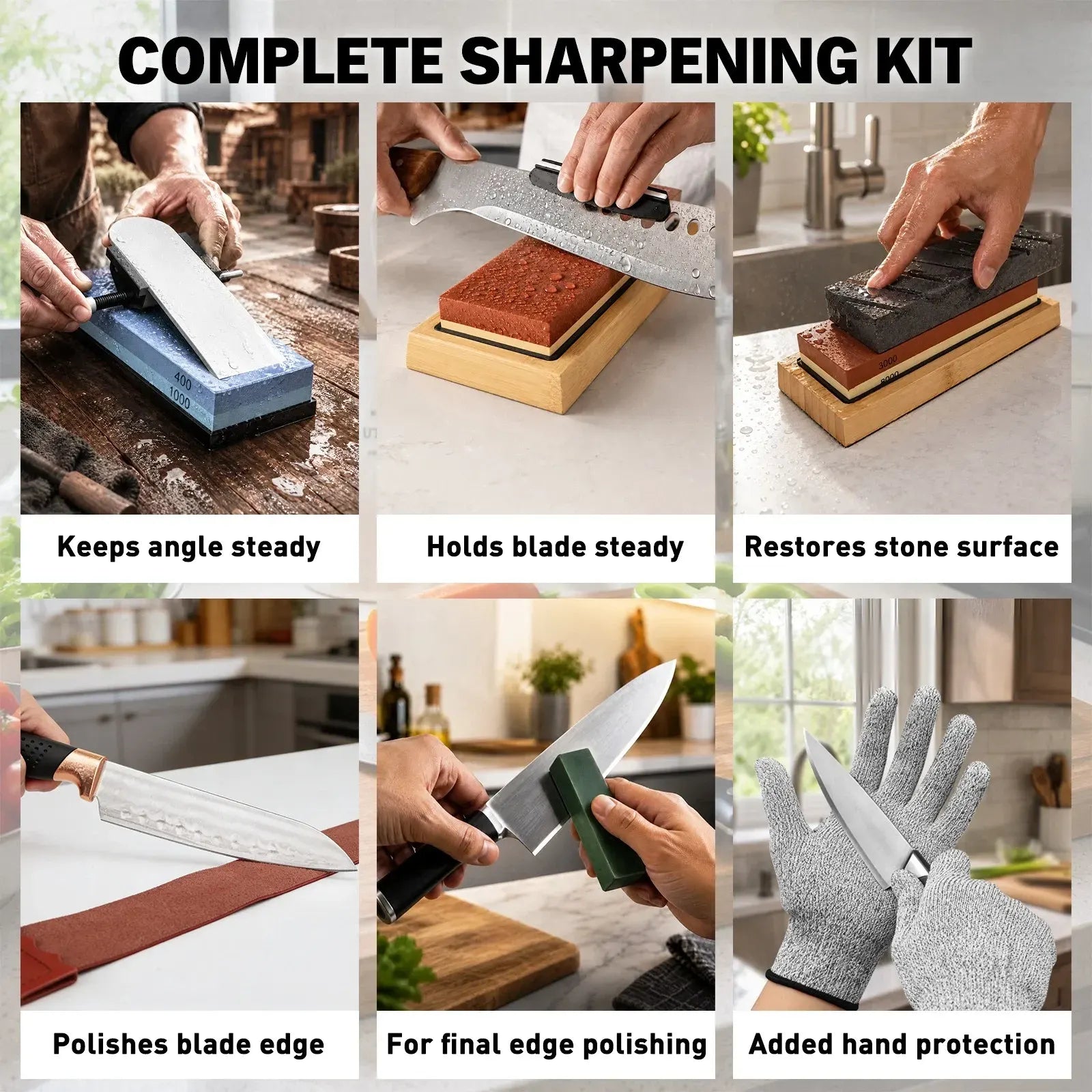 ELEAD 12pcs Knife Sharpening Kit 400/1000 3000/8000 Grit Whetstone Bamboo Base - Image 6