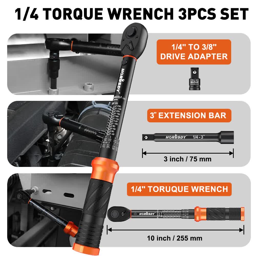 3Pc 1/4" Drive Click Torque Wrench Ratchet Socket Adaptor Extension WorkShop - Image 3