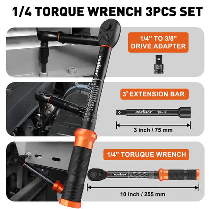 3Pc 1/4" Drive Click Torque Wrench Ratchet Socket Adaptor Extension WorkShop - Image 3