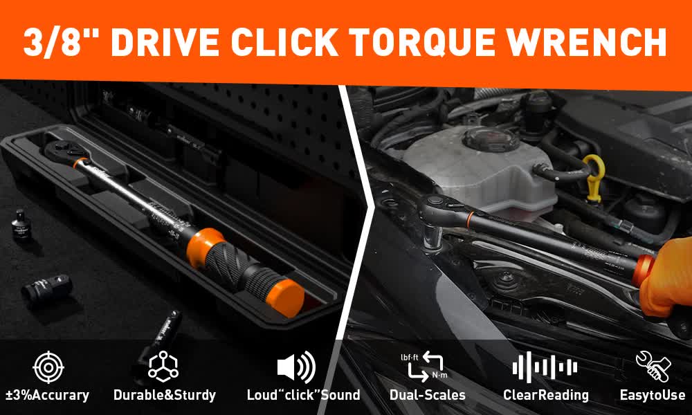 4Pc 3/8" Drive Click Torque Wrench Ratchet Socket  Adaptor Extension WorkShop - Image 2