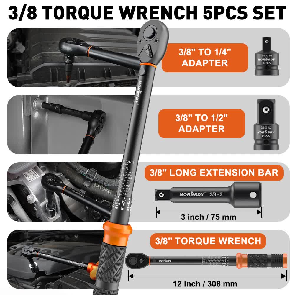4Pc 3/8" Drive Click Torque Wrench Ratchet Socket  Adaptor Extension WorkShop - Image 3