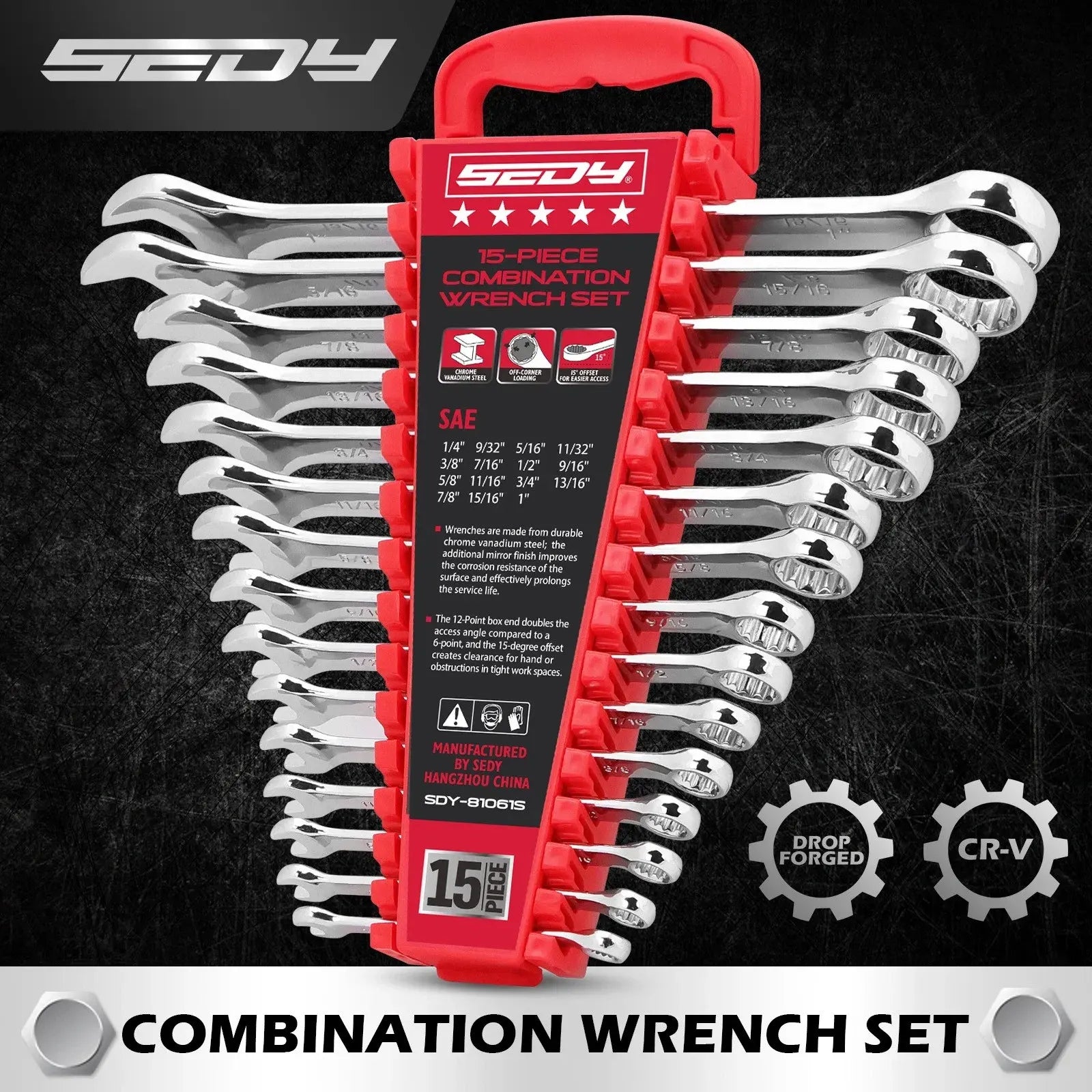 SEDY 15pc Combination Spanner Wrench Set SAE 1/4"-1" CR-V with Storage Rack