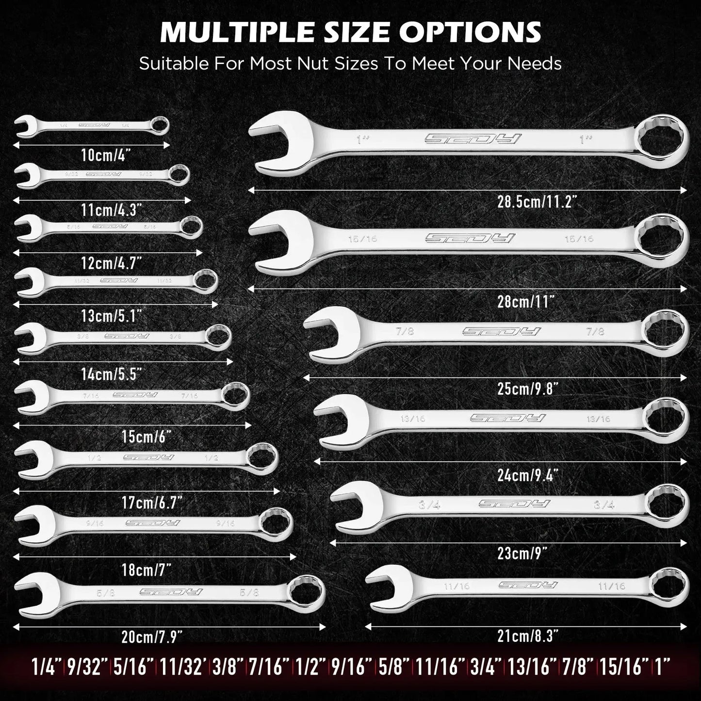 SEDY 15pc Combination Spanner Wrench Set SAE 1/4"-1" CR-V with Storage Rack - Image 2