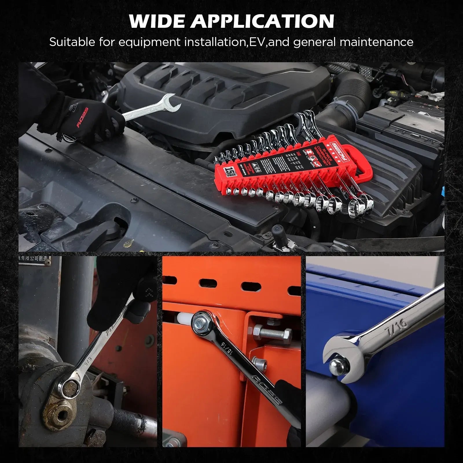 SEDY 15pc Combination Spanner Wrench Set SAE 1/4"-1" CR-V with Storage Rack - Image 6